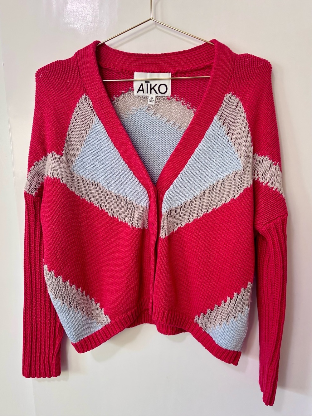 AIKO| Vintage Red & Blue Oversized Open-Front Knit Button Up Cardigan Sz XS